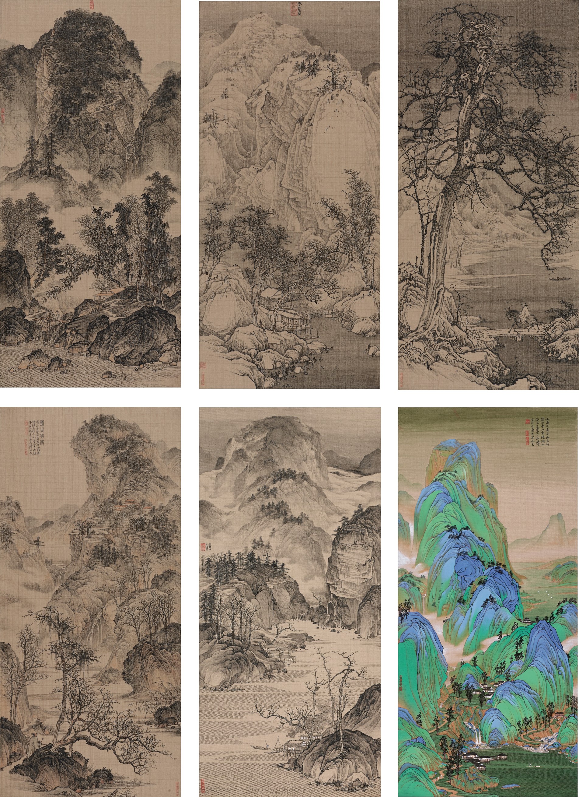 <h2>古意山水微六屏</h2><p>作者：廖松涛</p><p>创作年代：2022 2023年</p><p>规格：34cm×16cm×6</p><p>品类：绢面硬卡</p>